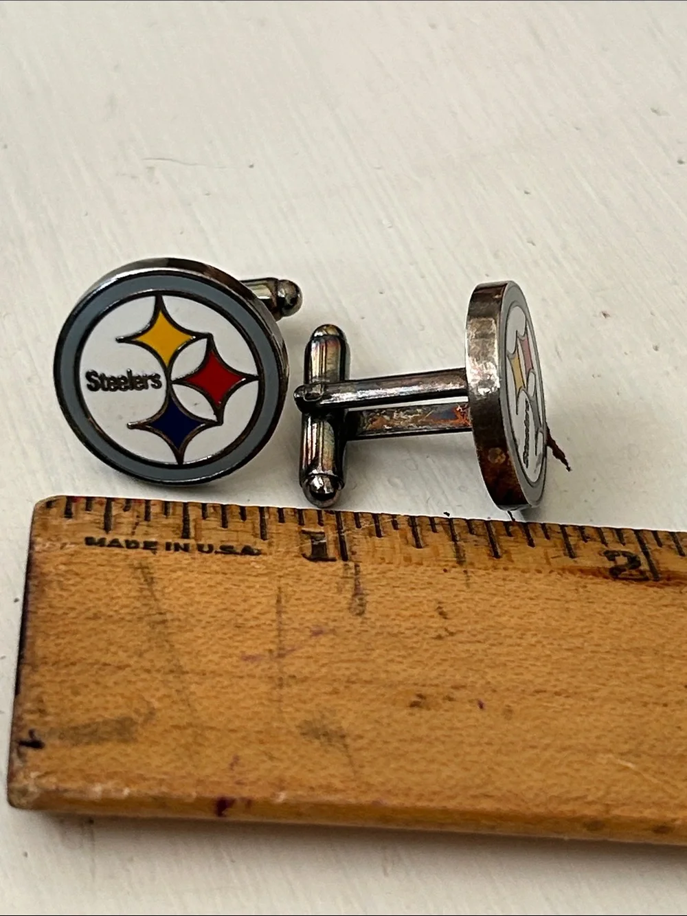 NFL Pittsburgh Steelers Logo Enamel Cuff Links in White Rhodium Brass